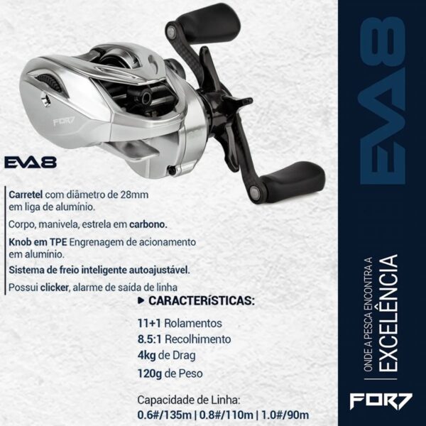 Imagem completa da carretilha EVA8 For7 pronta para pesca esportiva