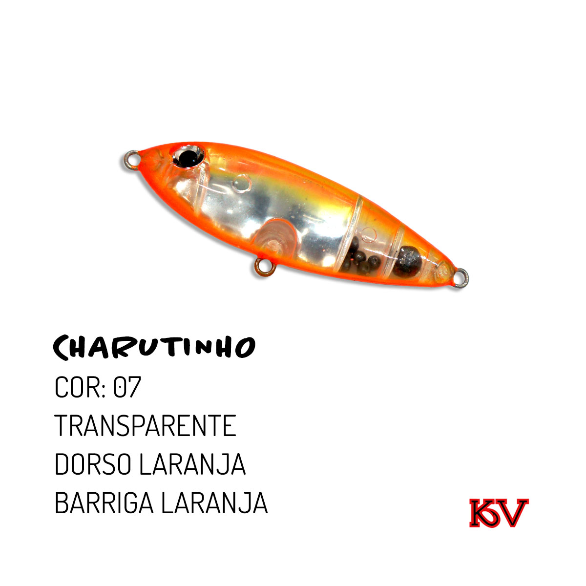 Isca Charutinho KV 6,5 cm 7 g – stick de superfície com rattlin cor 07 transparente dorso laranja barriga laranja