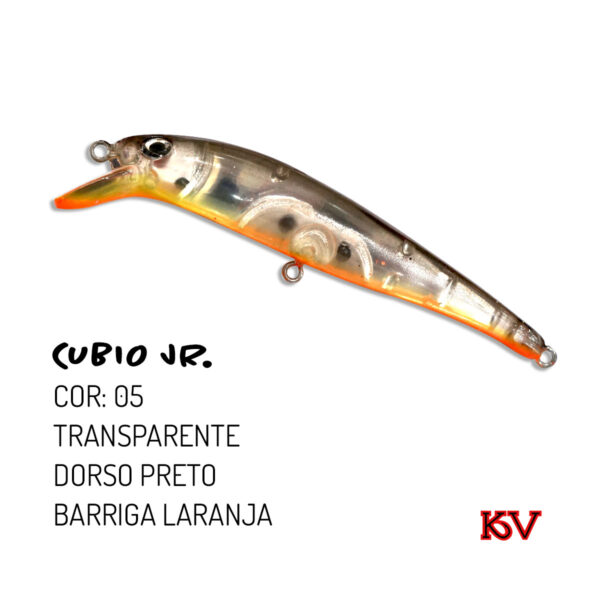 Isca Cubio JR KV 7,5cm 9g – Isca de meia-água flutuante com rattlin cor 05 transparente dorso preto barriga laranja
