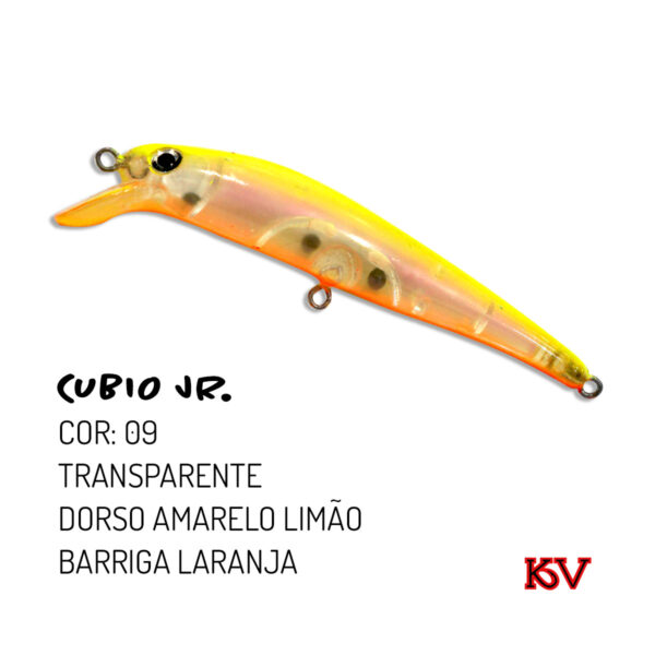 Isca Cubio JR KV 7,5cm 9g – Isca de meia-água flutuante com rattlin cor 09 transparente dorso amarelo limão barriga laranja