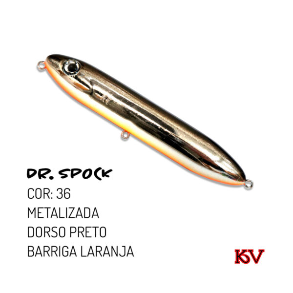 Isca KV Dr. Spock 30g 13cm – Zara de superfície com ação sonora cor 36 metalizada dorso preto barriga laranja