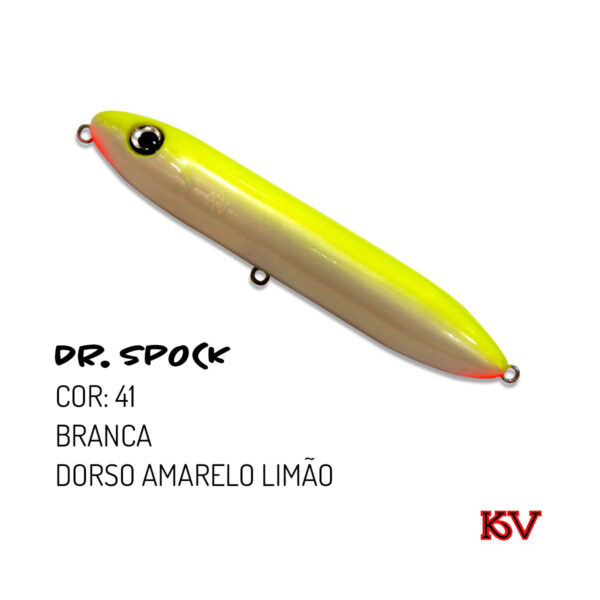 Isca KV Dr. Spock 30g 13cm – Zara de superfície com ação sonora cor 41 branca dorso amarelo limão