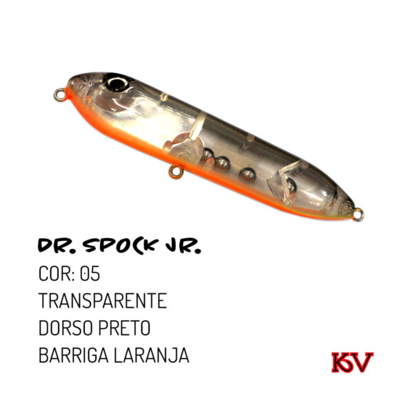 Isca KV Dr Spock Jr 9,5cm 17g – Ação Zara de superfície cor 05 transparente dorso preto barriga laranja