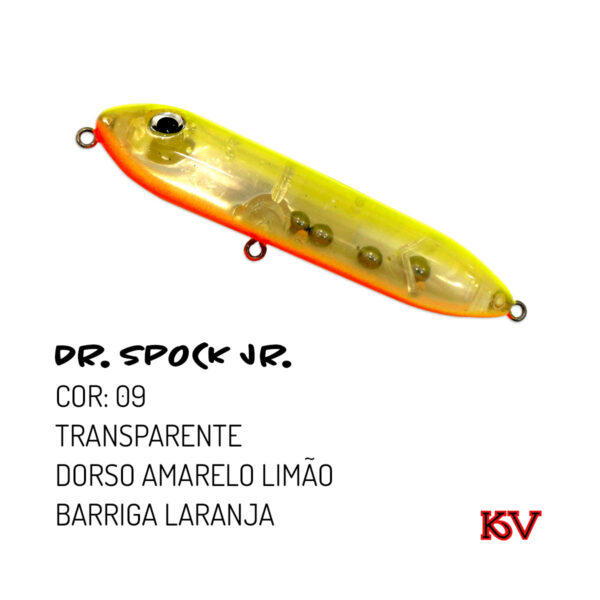 Isca KV Dr Spock Jr 9,5cm 17g – Ação Zara de superfície cor 09 transparente dorso amarelo limão barriga laranja