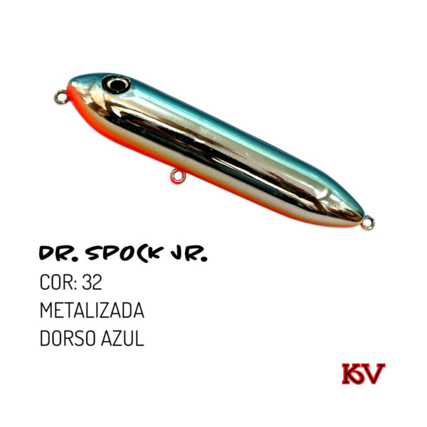 Isca KV Dr Spock Jr 9,5cm 17g – Ação Zara de superfície cor 32 metalizada dorso azul