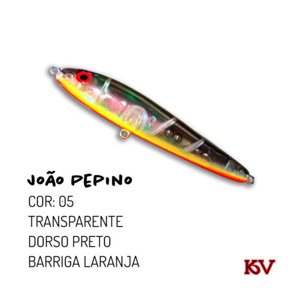 Isca KV João Pepino 11,5cm 22g – Zara de superfície com rattlin cor 05 transparente dorso preto barriga laranja