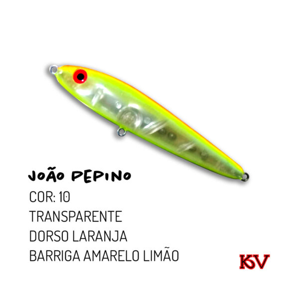 Isca KV João Pepino 11,5cm 22g – Zara de superfície com rattlin cor 10 transparente dorso laranja barriga limão