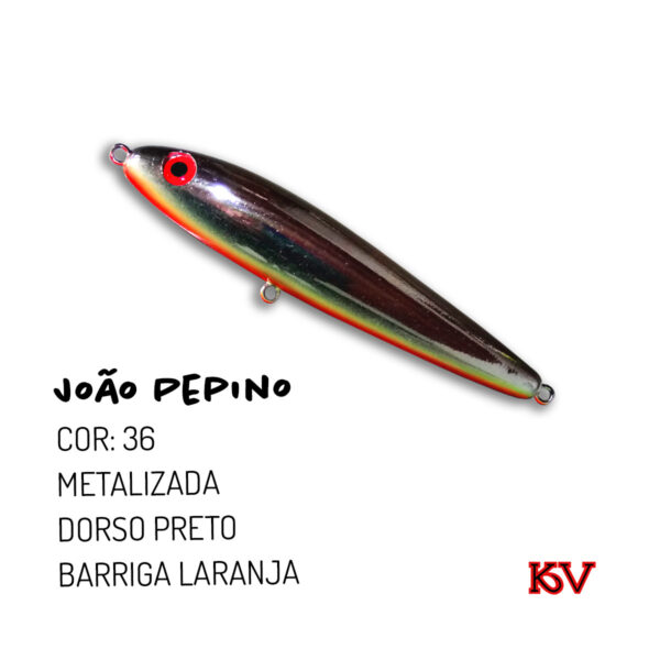 Isca KV João Pepino 11,5cm 22g – Zara de superfície com rattlin cor 36 metalizado dorso preto barriga laranja