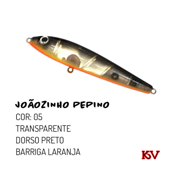 Isca Joãozinho Pepino 9cm 10g – KV Iscas Artificiais zara de superfície cor 05 transparente dorso preto barriga laranja