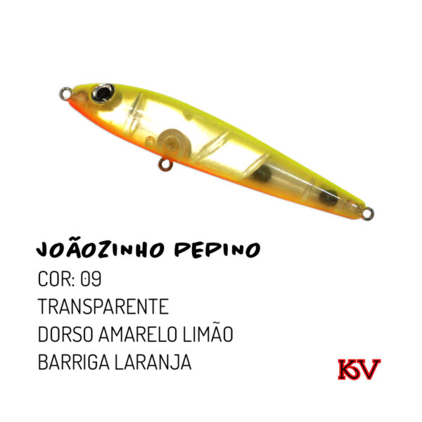 Isca Joãozinho Pepino 9cm 10g – KV Iscas Artificiais zara de superfície cor 09 transparente dorso amarelo limão barriga laranja