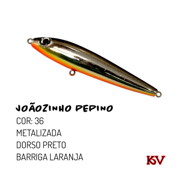 Isca Joãozinho Pepino 9cm 10g – KV Iscas Artificiais zara de superfície cor 36 metalizada dorso preto barriga laranja