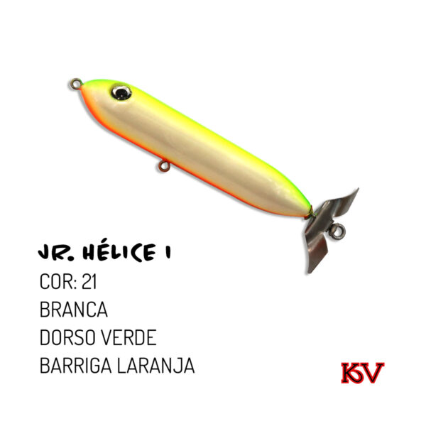 Jr. Hélice KV 11,5cm 17g Isca de Superfície cor 21 branca dorso verde barriga laranja