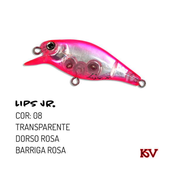 Isca Lips JR KV 7,5cm 9g – Meia-água com rattlin para traíra e robalo cor 08 transparente dorso rosa barriga rosa