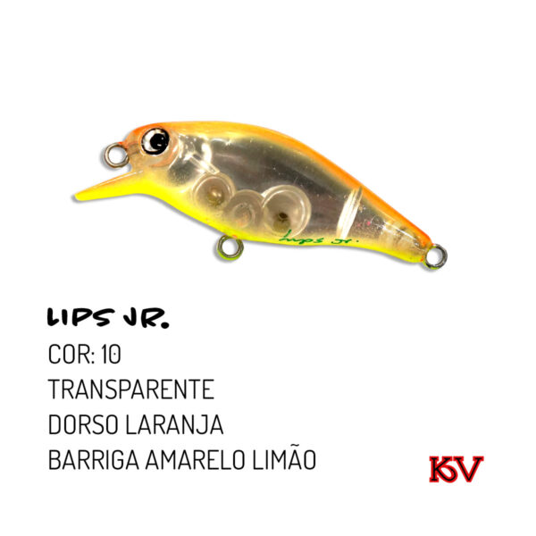 Isca Lips JR KV 7,5cm 9g – Meia-água com rattlin para traíra e robalo cor 10 transparente dorso laranja barriga amarelo limão