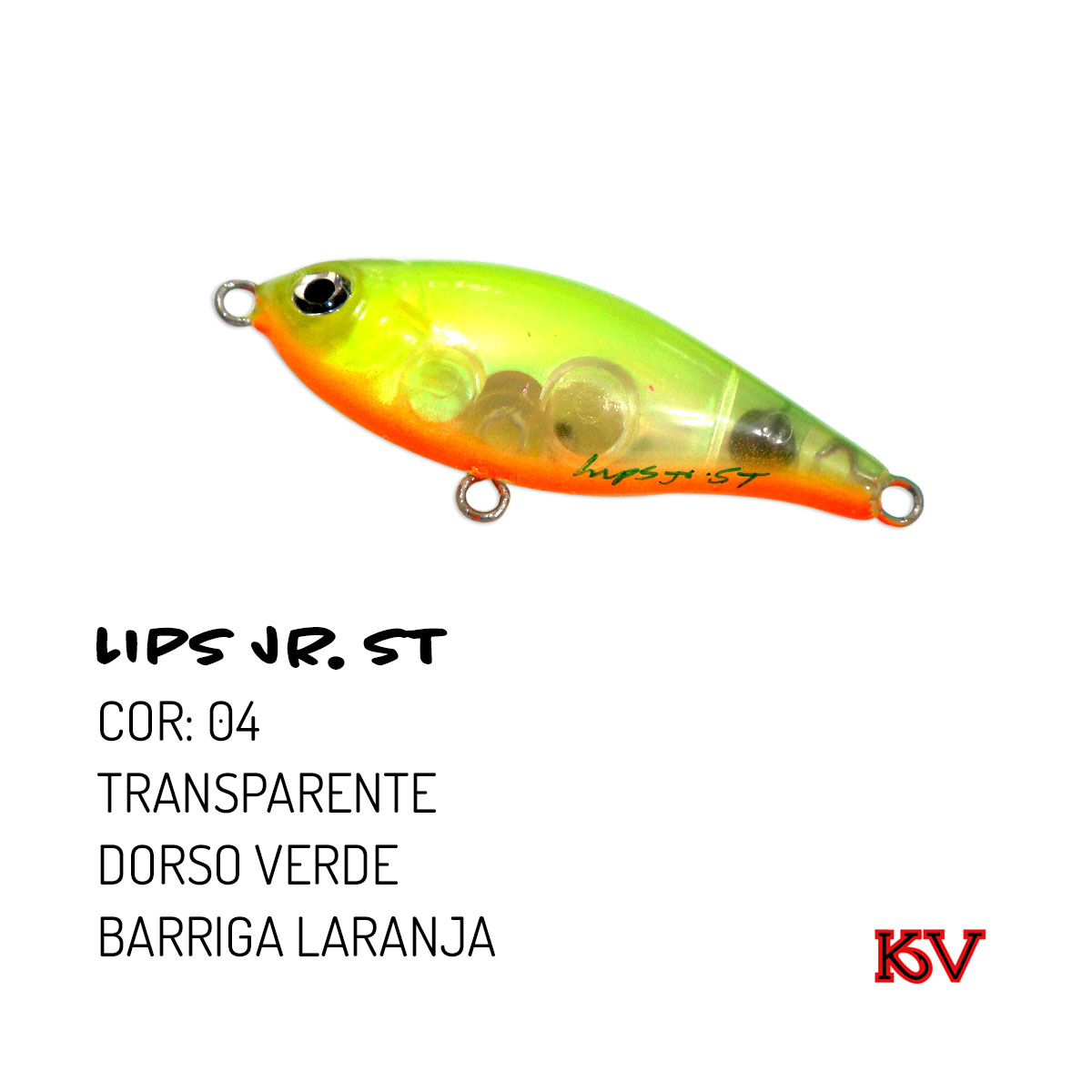 Isca Lips JR. ST KV 7,5cm 9g cor Osso com Cabeça Verde – ação meia-água com rattlin cor 04 transparente dorso verde barriga laranja