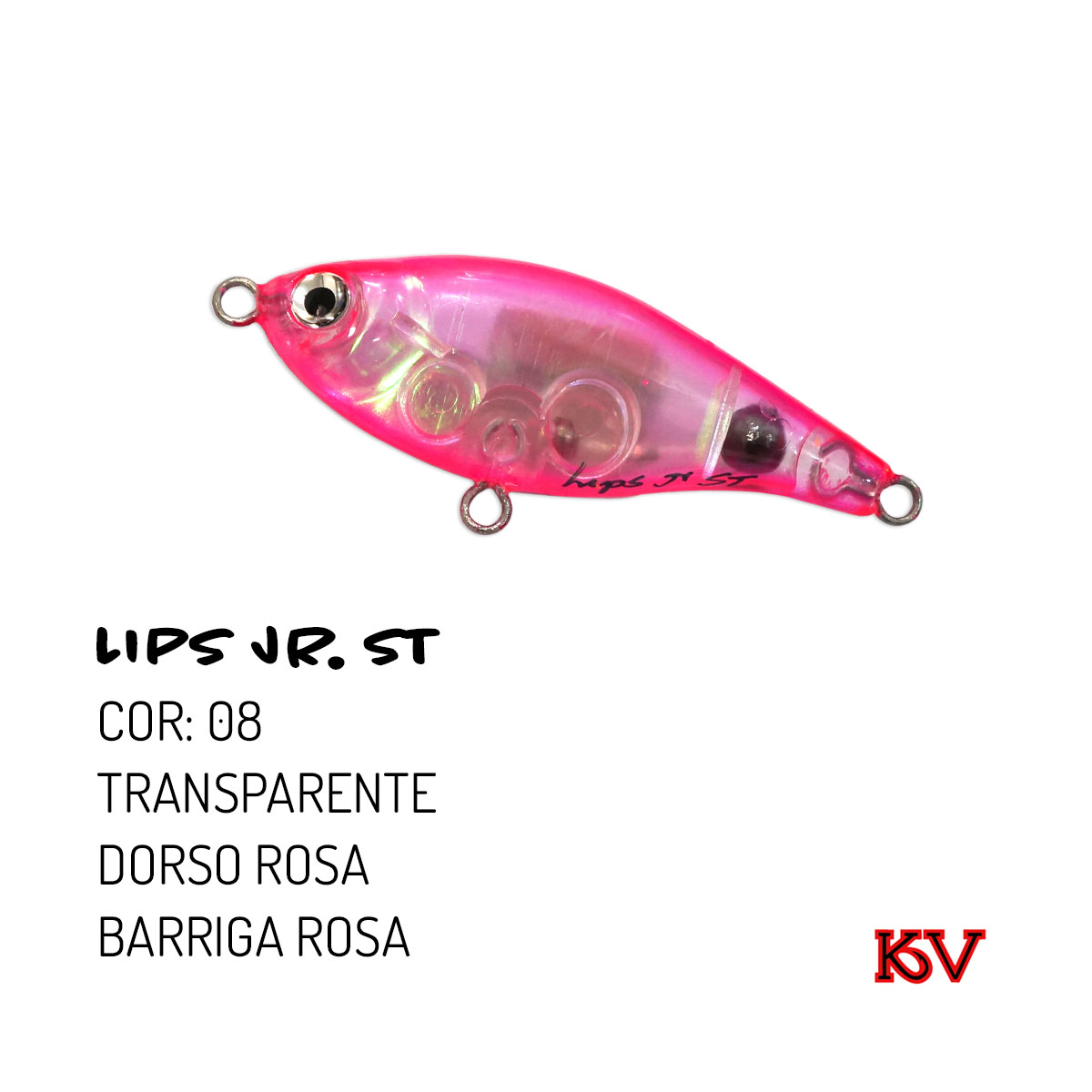 Isca Lips JR. ST KV 7,5cm 9g cor Osso com Cabeça Verde – ação meia-água com rattlin cor 08 transparente dorso rosa barriga rosa