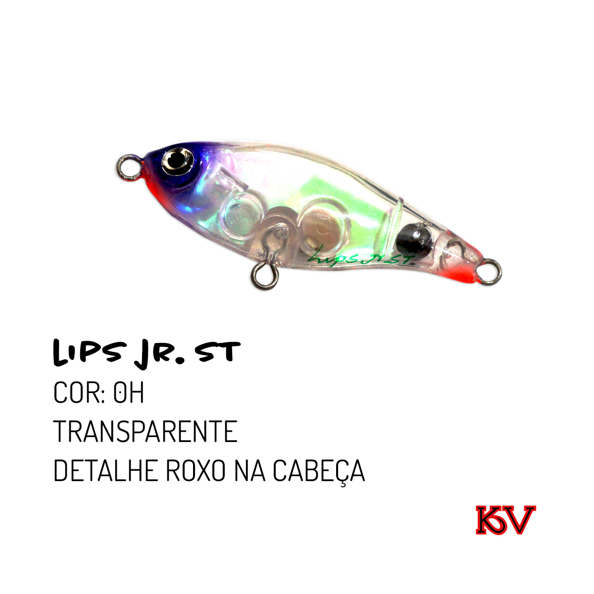 Isca Lips JR. ST KV 7,5cm 9g cor Osso com Cabeça Verde – ação meia-água com rattlin cor 0h transparente detalhe roxo na cabeca