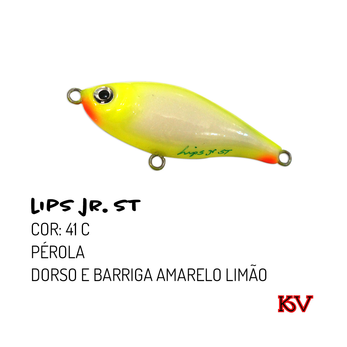 Isca Lips JR. ST KV 7,5cm 9g cor Osso com Cabeça Verde – ação meia-água com rattlin cor 41c perola dorso e barriga amarelo limão