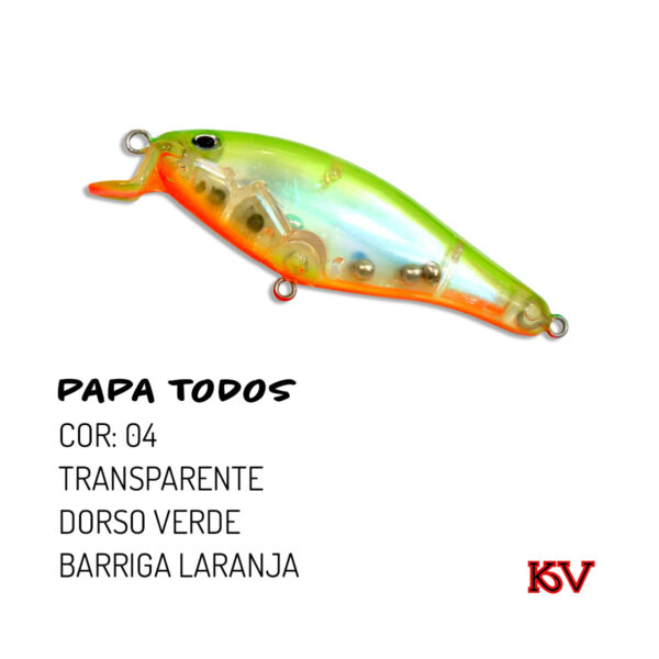 Isca Artificial KV Papa Todos 7,5cm – Ação Meia-Água e Superfície cor 04 transparente dorso verde barriga laranja