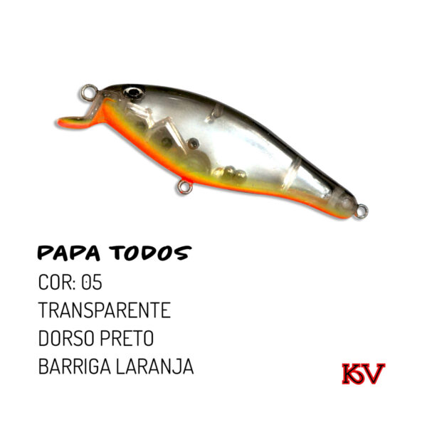Isca Artificial KV Papa Todos 7,5cm – Ação Meia-Água e Superfície cor 05 transparente dorso preto barriga laranja