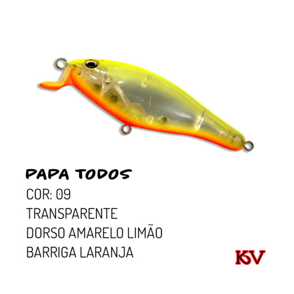 Isca Artificial KV Papa Todos 7,5cm – Ação Meia-Água e Superfície cor 09 transparente dorso amarelo limão barriga laranja