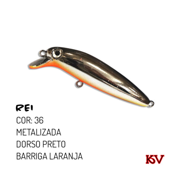 Isca Rei KV 6,5 cm 6 g – meia‑água com rattlin para robalo e traíra cor 36 metalizada dorso preto barriga laranja