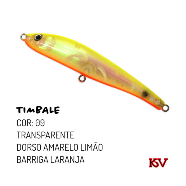 Isca KV Timbale 7g – Stick de superfície 9cm com ação errática cor 09 transparente dorso amarelo limão barriga laranja