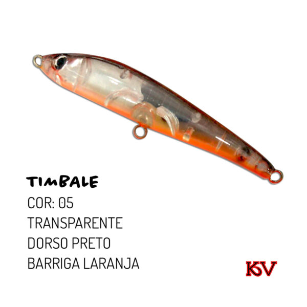 Isca KV Timbale 7g – Stick de superfície 9cm com ação errática cor 05 transparente dorso preto barriga laranja
