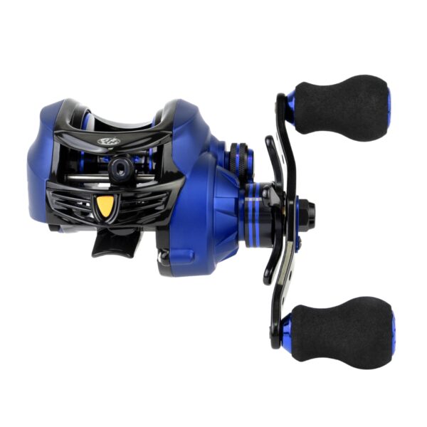 Carretilha Albatroz Coral Blue com recolhimento 7.0:1 e drag de 4kg vista frontal devanador