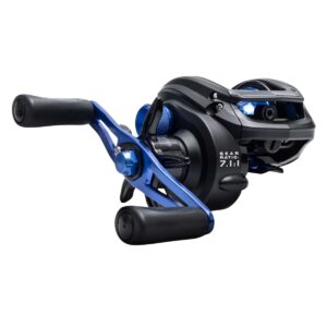 Carretilha Maruri Bronx 11000 vista frontal com manivela azul e carretel metálico